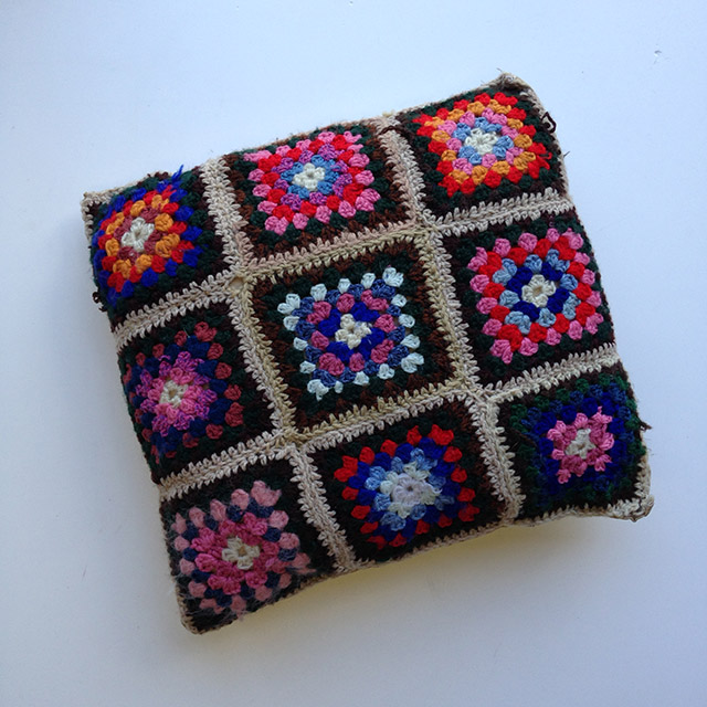 CUSHION, Crochet - 1970s Multicolour Squares